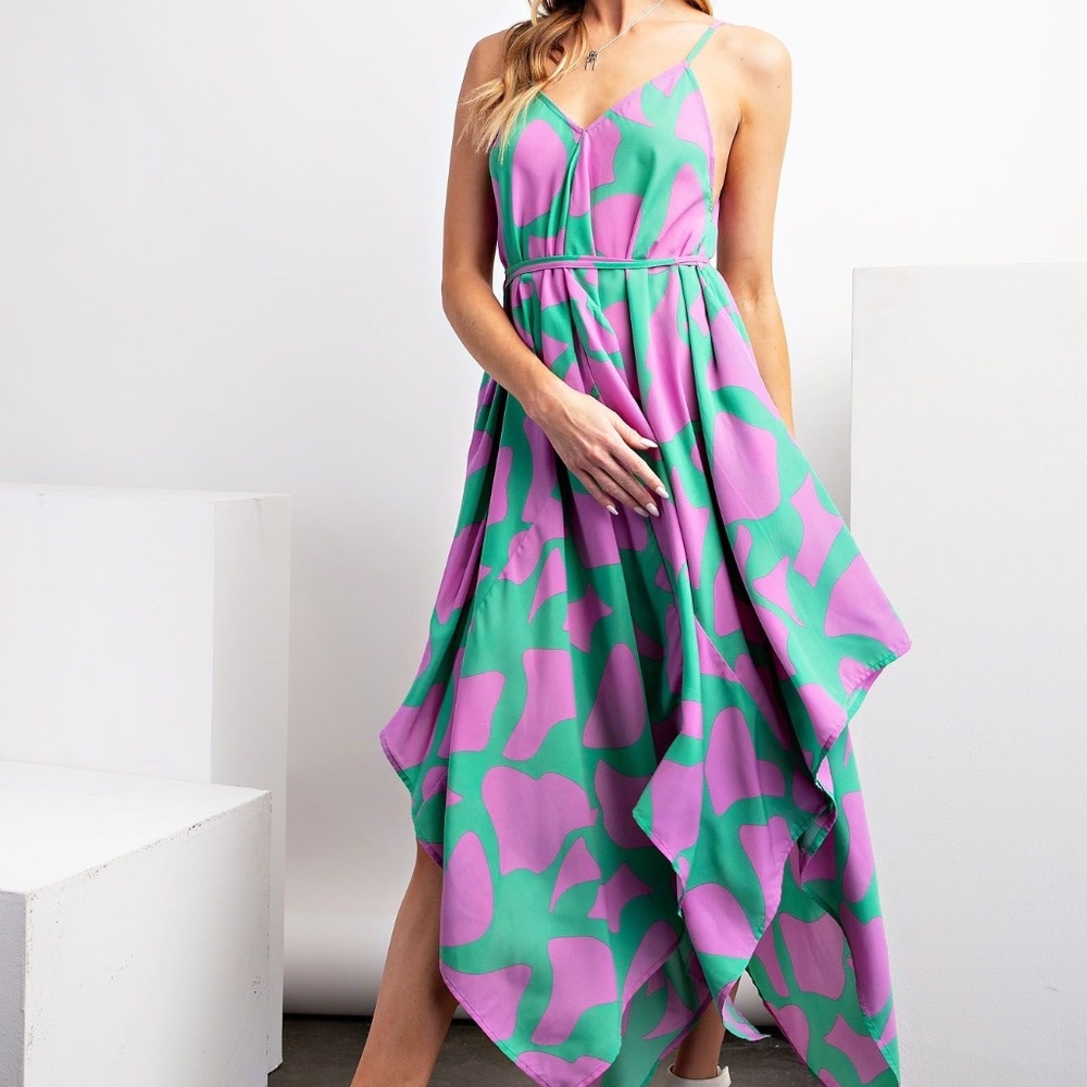 NEW EASEL GEO PRINT GREEN & LILAC SHARKBITE WOVEN V NECK DRESS SIZE SMALL BOHO - Picture 5 of 8